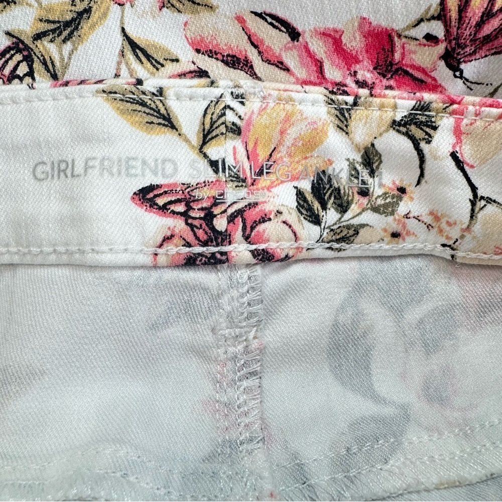 Chico’s Girlfriend Slim Leg Ankle Pants White with Pink Flowers and Butterflies - Picture 6 of 8